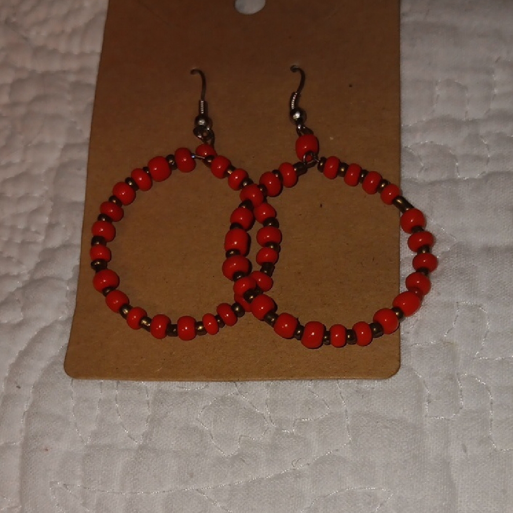 Red Beaded Hoop Earrings